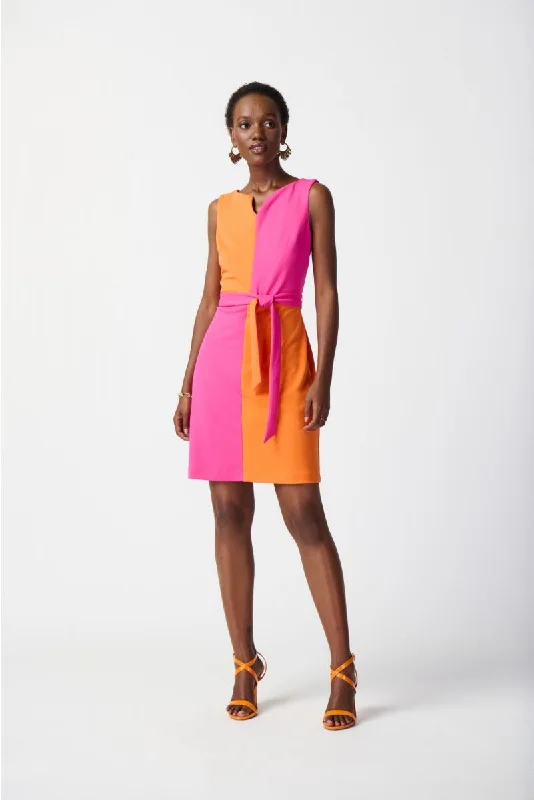Final Clearance Joseph Ribkoff Ultra Pink/Mandarin Color Block Belted Sleeveless Sheath Dress 241193