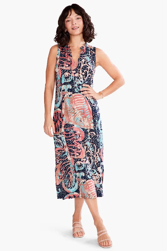Daily Deals NIC+ZOE Indigo/Multi Batik Stamp Sleeveless Midi Tank Dress S231251