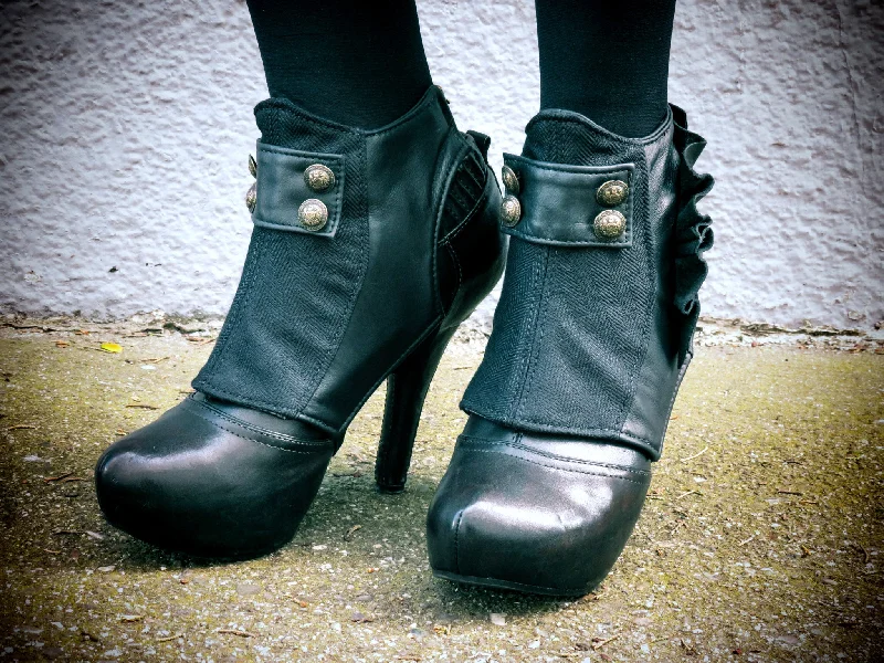 Weekend Deal Black Leather Spats with Buttons and Heel Ruffle | Persephone