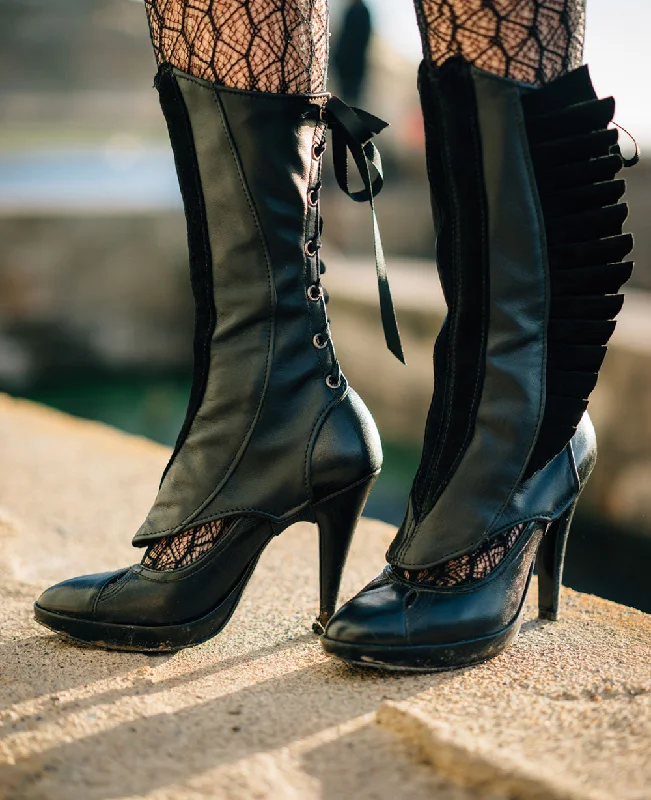 Price Drop Black Leather Spats with Pleated Suede Wings