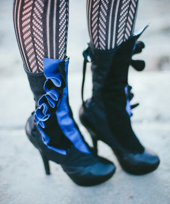 Low Prices Sapphire Leather and Black Suede Ruffled Spats | Melusine